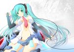  47agdragon aqua_eyes aqua_hair belt breasts bridal_gauntlets center_opening elbow_gloves fingerless_gloves gloves hatsune_miku hatsune_miku_(append) headphones long_hair medium_breasts navel necktie smile solo twintails very_long_hair vocaloid vocaloid_append 