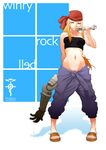  absurdres bandana bandeau bare_shoulders blonde_hair blue_eyes fullmetal_alchemist groin highres jennyson_rosero long_hair mechanic no_panties overalls ponytail sandals solo strapless tubetop winry_rockbell wrench 