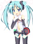  bare_shoulders between_breasts black_legwear blue_eyes blush breast_hold breasts bridal_gauntlets cosplay elbow_gloves gloves green_hair hatsune_miku hatsune_miku_(append) hatsune_miku_(append)_(cosplay) hatsune_miku_(cosplay) highres hiiragi_kagami long_hair lucky_star mai_(t-5) midriff navel open_clothes open_mouth open_shirt see-through shirt simple_background solo tears thighhighs tsurime twintails vocaloid vocaloid_append 