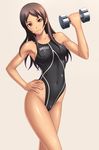  armpits breasts brown_eyes brown_hair competition_swimsuit contrapposto copyright_request covered_nipples dark_skin dumbbell hand_on_hip highleg highleg_swimsuit highres kuri_(kurigohan) long_hair medium_breasts one-piece_swimsuit skin_tight smile solo speedo_(company) standing swimsuit tan 