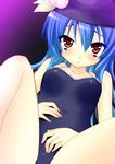  blue_hair food fruit hat hinanawi_tenshi long_hair one-piece_swimsuit peach red_eyes saki_chisuzu solo swimsuit touhou 