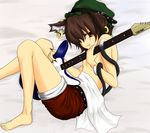  akudato animal_ears barefoot brown_hair cat_ears cat_tail chen claws earrings electric_guitar fang feet guitar hat instrument jewelry naughty_face red_eyes solo tail topless touhou 