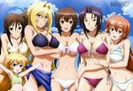  absurdres ahoge arms_up bikini blonde_hair blue_eyes blush breasts brown_hair cleavage cloud day glasses gokurakuin_sakurako green_eyes hair_ribbon highres kazehana kusano large_breasts long_hair matsu_(sekirei) megami multiple_girls musubi non-web_source official_art open_mouth orange_eyes orange_hair outdoors purple_eyes purple_hair ribbon sekirei short_hair side-tie_bikini sky striped striped_bikini striped_swimsuit swimsuit tsukiumi underboob uzume very_long_hair water 