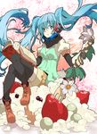  blue_eyes blue_hair book boots dress floating_hair flower food fork fruit hatsune_miku headphones hirasaka_ine long_hair shorts sitting solo strawberry thighhighs twintails very_long_hair vocaloid 