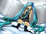  aqua_eyes aqua_hair blush eiji_(eiji) hatsune_miku kneeling long_hair necktie panties panty_pull skirt solo striped striped_panties thighhighs twintails underwear very_long_hair vocaloid 