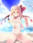  blonde_hair day flandre_scarlet one-piece_swimsuit red_eyes school_swimsuit shin_(new) short_hair side_ponytail solo swim_cap swimsuit touhou white_school_swimsuit white_swimsuit wings 