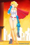  barefoot belt blonde_hair blue_eyes blue_footwear bob_cut boots breasts cape dc_comics feet full_body gloves highres hips holding holding_shoes jose_luis_corona_belmont large_breasts leotard no_socks one_eye_closed power_girl shoes shoes_removed short_hair smile solo superhero tiptoes toes 