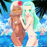  bad_id bad_pixiv_id bikini blonde_hair dark_skin flat_chest green_eyes green_hair kay_(utd) long_hair multiple_girls orange_eyes original pointy_ears swimsuit wading water 