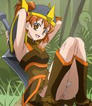  alternate_costume armor armpits boots eyelashes fresh_precure! grass haruyama_kazunori orange_eyes orange_hair precure solo sword weapon yamabuki_inori 