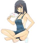  artist_request barefoot black_hair blush breasts casual denim fan feet full_body glass green_eyes hand_on_lap head_tilt hot indian_style looking_at_viewer medium_breasts naked_overalls no_bra one-piece_tan overalls paper_fan saki sideboob simple_background sitting smile solo sweat tan tanline touyoko_momoko uchiwa water white_background 