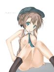  aqua_eyes armpits arutoria bare_shoulders black_legwear blush bottomless braid breasts brown_hair hat highres kneehighs necktie nipples no_bra open_clothes open_mouth open_shirt original pussy shirt sitting small_breasts solo uncensored 