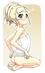  alternate_hairstyle ass barefoot blonde_hair blush bottomless brown_eyes feet forehead glasses k10k naked_towel perrine_h_clostermann seiza sitting soles solo spanked squiggle strike_witches tears towel world_witches_series 