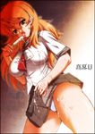  aida_kan_mori breasts food large_breasts long_hair messy mole mole_under_eye open_mouth orange_hair original panties pleated_skirt popsicle red_eyes school_uniform serafuku sexually_suggestive skirt skirt_lift solo standing thighs tongue underwear white_panties 