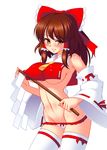  bow breasts brown_eyes brown_hair covered_nipples crop_top crop_top_overhang detached_sleeves gohei hair_bow hakurei_reimu hanazuka_ryouji medium_breasts revealing_clothes short_hair sideboob solo thighhighs touhou underboob 