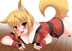  animal_ears blonde_hair breasts cleavage fox_ears fox_tail highres medium_breasts original red_eyes short_hair solo tail takayuki_hiyori 