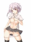  arutoria black_legwear blush breasts highres navel nipples no_bra open_mouth original panties panty_pull pink_eyes purple_hair pussy shirt_lift short_hair skirt small_breasts solo thighhighs uncensored underwear 