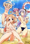  absurdres agnes_boulange arms_up barefoot beach bikini bikini_bottom blonde_hair blue_eyes breast_hold breasts brown_hair carina_verritti chelsea_arcot cleavage cloud covering covering_breasts day hair_ribbon highres innertube kawamura_kouyuu legs long_hair medium_breasts megami minette multiple_girls non-web_source ocean open_mouth orange_eyes outdoors purple_hair red_eyes ribbon short_hair shukufuku_no_campanella silver_hair sky sunglasses swimsuit topless wardrobe_malfunction water 