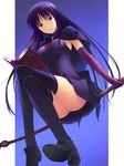  black_legwear blue_eyes book broom broom_riding crossed_legs elbow_gloves gloves highres koikeya long_hair malariya panties pantyshot pantyshot_(sitting) purple_hair quiz_magic_academy shoes sidesaddle sitting solo thighhighs underwear upskirt white_panties 