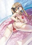  ass bikini blonde_hair blue_eyes blush breasts cameltoe copyright_request covered_nipples hair_ribbon hand_on_ass highres kannatsuki_noboru kneepits long_hair looking_back red_bikini ribbon side-tie_bikini small_breasts smile solo string_bikini swimsuit water wet 