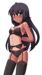  adjusting_bra adjusting_clothes alternate_hairstyle arms_behind_back black_eyes black_hair black_legwear blush bow bow_bra bow_panties bra garter_belt hayashiya_zankurou k-on! lingerie long_hair nakano_azusa one-piece_tan panties solo tan tanline thighhighs underwear underwear_only 