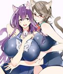  :d ahoge animal_ears arm_around_neck arm_grab asobi_ni_iku_yo! asymmetrical_docking bangs bell bell_collar between_breasts blue_swimsuit blush breast_press breasts cat_ears cat_tail collar covered_navel cowboy_shot curvy durel glasses grey_eyes grey_hair hair_between_eyes hand_between_breasts hand_on_another's_shoulder hand_on_hip highres houden_eizou hug huge_breasts jingle_bell kuune light_smile long_hair mouth_hold multiple_girls name_tag official_art one-piece_swimsuit open_mouth purple_eyes purple_hair red-framed_eyewear school_swimsuit short_hair sideboob simple_background smile swept_bangs swimsuit tail thighs very_long_hair white_background 