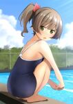  1girl ass bangs bare_arms bare_shoulders black_one-piece_swimsuit blue_sky blurry blurry_background blush breasts brown_hair chain-link_fence cloud commentary_request day depth_of_field fence from_side green_eyes hair_ribbon highres knees_up looking_at_viewer looking_to_the_side open_mouth original outdoors ponytail pool poolside red_ribbon ribbon school_swimsuit shibacha sky small_breasts solo squatting swimsuit water 