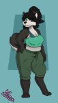 anthro big_breasts breasts canid canine canis cleavage clothed clothing crop_top domestic_dog female hi_res husky lonnyk mammal nordic_sled_dog pose shirt solo spitz standing sweatpants topwear 