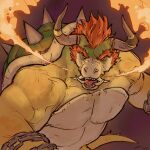  2022 anthro black_background bowser bowser_day chain claws digital_media_(artwork) eyebrows fire hair hi_res horn koopa male mario_bros muscular muscular_anthro muscular_male nintendo open_mouth scalie sharp_claws sharp_teeth shell signature simple_background solo spiked_shell spikes spikes_(anatomy) standing taran_fiddler teeth tongue video_games 