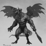  2022 anthro biceps bottomwear clothing digital_media_(artwork) dragon fur greyscale hi_res horn loincloth male monochrome muscular muscular_anthro muscular_male open_mouth pecs scalie sharp_teeth shirtless simple_background solo taran_fiddler teeth tusks wings 