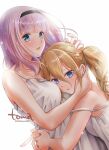  2girls blonde_hair blue_eyes dress fujiwara_chika hayasaka_ai highres hug kaguya-sama_wa_kokurasetai_~tensai-tachi_no_renai_zunousen~ looking_at_viewer multiple_girls pink_hair simple_background toma_(000toma000) white_background white_dress yuri 