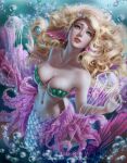  1girl absurdres air_bubble artist_name blonde_hair breasts bubble cleavage collarbone commentary green_eyes hands_up head_fins highres jellyfish long_hair looking_at_viewer medium_breasts mermaid monster_girl navel original parted_lips realistic shell shell_bikini solo stomach submerged underwater wavy_hair web_address yanaidraws 