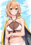  1girl absurdres aratake bangs bikini blonde_hair blue_sky blush breasts cleavage closed_mouth collarbone crossed_arms girls&#039;_frontline green_eyes hair_ornament hairclip highres lips looking_at_viewer medium_breasts medium_hair mole mole_under_eye navel official_alternate_costume px4_storm_(girls&#039;_frontline) px4_storm_(seaside_paradigm)_(girls&#039;_frontline) see-through sky smile solo standing swimsuit upper_body white_bikini white_one-piece_swimsuit 