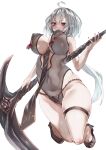  1girl alexi_oekaki bangs bare_arms bare_shoulders black_footwear blush breasts covered_navel covered_nipples grey_eyes grey_hair high_heels highres holding holding_scythe holding_weapon large_breasts long_hair looking_at_viewer original scythe simple_background solo thigh_strap thighs weapon white_background 