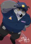  2022 absurd_res anthro black_nose bottomwear brok_the_investigator clothing generic_rat_(brok_the_investigator) grey_body hi_res humanoid_hands kemono male mammal murid murine overweight overweight_male pants police police_officer police_uniform rat rodent shirt simple_background solo topwear uniform uokkom video_games 