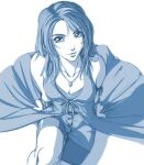  1girl bike_shorts blue_theme breasts cleavage commentary daniel_fielding english_commentary final_fantasy final_fantasy_viii from_above greyscale jewelry medium_breasts monochrome necklace rinoa_heartilly sitting sleeveless_duster solo 
