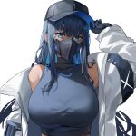  1girl bangs bare_shoulders baseball_cap black_gloves black_headwear black_mask blue_archive blue_eyes blue_hair breasts crop_top dasha gloves hat highres holding holding_clothes holding_hat jacket large_breasts long_hair looking_at_viewer mask midriff mouth_mask saori_(blue_archive) shirt sidelocks sleeveless sleeveless_shirt white_background white_jacket 