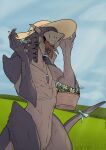  absurd_res accessory alien basket blue_ribbon container crystal_necklace female flower furgonomics hi_res methados plant ribbons riven_of_a_thousand_voices solo sun_hat sun_hat_only tail_accessory tail_ribbon 