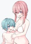  1boy 1girl age_difference antenna_hair aqua_hair bikini blue_eyes blush braid braided_ponytail breast_press breasts child collarbone face_to_breasts grabbing hair_between_eyes halterneck height_difference heterochromia large_breasts male_child medium_hair navel one_eye_closed onee-shota original os_(os_fresa) pink_hair purple_eyes rectangular_mouth red_eyes side-tie_bikini_bottom smile sweatdrop swimsuit upper_body white_background white_bikini 