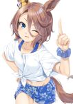  1girl animal_ears blue_eyes blue_scrunchie blue_shorts brown_hair commentary_request cowboy_shot crop_top floral_print gaze_on_me!_outfit_(umamusume) hair_between_eyes hand_up horse_ears index_finger_raised looking_at_viewer midriff miri_(ago550421) narita_taishin_(umamusume) navel one_eye_closed open_mouth scrunchie shirt short_hair short_sleeves shorts simple_background solo standing stomach tail tied_shirt umamusume white_background white_shirt wrist_scrunchie 