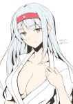  1girl artist_name breasts brown_eyes cleavage closed_mouth dated grey_hair hairband hakama highres japanese_clothes kantai_collection large_breasts long_hair looking_at_viewer red_hairband shoukaku_(kancolle) simple_background solo taira_yuuki upper_body white_background 