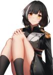  1girl absurdres aratake bangs black_hair black_socks breasts closed_mouth feet_out_of_frame girls&#039;_frontline hand_on_own_knee heterochromia highres light_blush lips long_hair long_sleeves looking_at_viewer low_twintails marching_band medium_breasts multicolored_hair official_alternate_costume orange_eyes ro635_(girls&#039;_frontline) ro635_(molten_moon_in_the_water)_(girls&#039;_frontline) sitting smile socks solo streaked_hair twintails uniform white_background yellow_eyes 