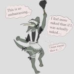  &lt;3 anthro anus butt claws cleaning_tool clothing english_text feather_duster female genitals horn kobold maid_uniform on_one_leg presenting presenting_hindquarters pussy raised_leg raised_tail reptile scalie solo speech_bubble standing text tiny_terrible uniform zirilon 