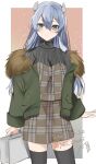  1girl black_thighhighs blue_eyes blush closed_mouth cowboy_shot dated fur-trimmed_jacket fur_trim green_jacket grey_hair hair_between_eyes headgear highres i-203_(kancolle) jacket kantai_collection long_hair long_sleeves looking_at_viewer one-hour_drawing_challenge open_clothes open_jacket plaid signature solo thighhighs toriniku_senshi_chikinman twitter_username 