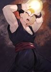  1boy armpits black_eyes black_hair dougi dragon_ball dragon_ball_super dragon_ball_super_super_hero energy highres male_focus masenko muscular muscular_male open_mouth s_3u serious solo son_gohan upper_body wristband 