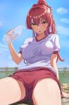  1girl absurdres black_panties blurry blurry_background bottle breasts gym_uniform headband heterochromia highres holding holding_bottle hololive houshou_marine large_breasts long_hair looking_at_viewer outdoors panties ponytail red_eyes red_hair red_shorts reulem shirt short_sleeves shorts sitting solo underwear virtual_youtuber water_bottle white_headband white_shirt yellow_eyes 