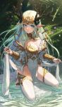  1girl absurdres aqua_eyes aqua_hair bangs blush breasts cleavage earrings elf green_hair hair_ornament highres holding jewelry kneeling kokukyukeo large_breasts long_hair looking_at_viewer medium_breasts multicolored_hair original outdoors pointy_ears solo thighhighs two-tone_hair water 