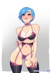  1girl artist_name bangs bare_shoulders black_bra black_panties black_thighhighs blue_eyes blue_hair blue_nails blush bra breasts bulma cleavage collarbone commentary dragon_ball dragon_ball_(classic) earrings english_commentary framed garter_belt garter_straps gradient gradient_background grey_background halterneck jewelry kajin_(kajinman) large_breasts lips looking_at_viewer nail_polish navel panties parted_lips short_hair simple_background smile solo standing stomach thighhighs underwear 