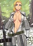  1girl blonde_hair blue_eyes bodysuit breasts collarbone holding holding_weapon large_breasts looking_at_viewer mature_female metal_gear_(series) metal_gear_solid_3 navel open_clothes redjet scar solo the_boss weapon 