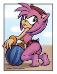  accessory amy_rose anthro arched_back ball barefoot black_nose bracelet butt clothed clothing eulipotyphlan feet female fur green_eyes hair headband hedgehog hi_res jewelry mammal outside pink_body pink_fur pink_hair sega skinnbox smile solo sonic_the_hedgehog_(series) swimwear tongue tongue_out topless 