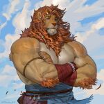 2022 anthro blue_eyes bottomwear clothed clothing cloud digital_media_(artwork) felid fur hair hi_res human lion long_hair male mammal mane muscular muscular_anthro muscular_male pantherine shirtless signature solo taran_fiddler topless topless_anthro topless_male whiskers 